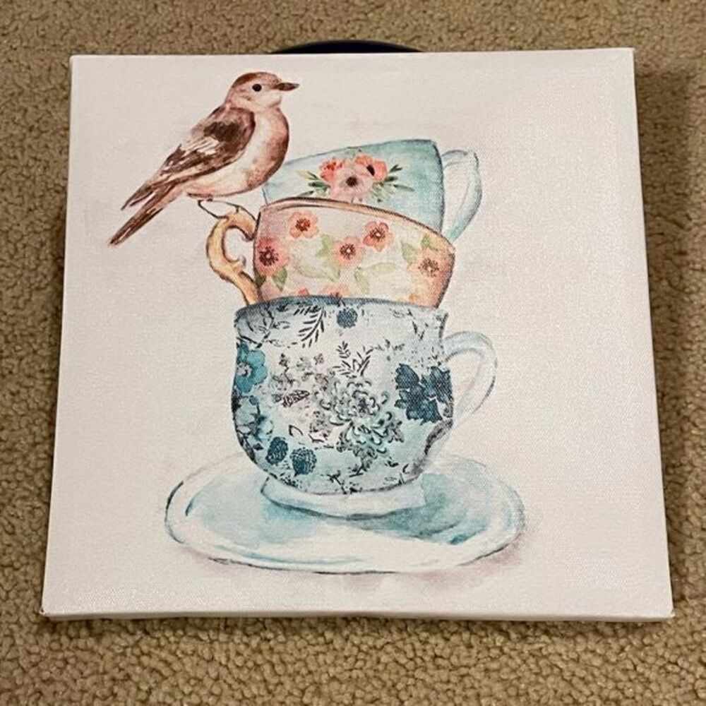 NWT 8x8 Unframed Stretched Printed Canvas‎ Teacup Platter Bird Design
